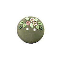 Bouton rond vert petites fleurs roses